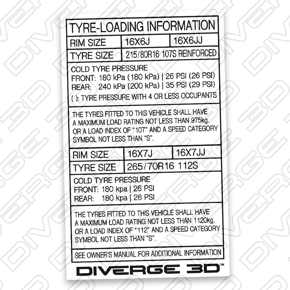 Tyre Pressure Info Sticker for Toyota LandCruiser Prado 90 Series (1996-2002)