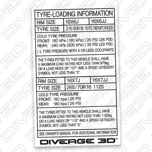 Tyre Pressure Info Sticker for Toyota LandCruiser Prado 90 Series (1996-2002)