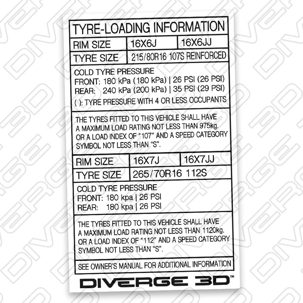 Tyre Pressure Info Sticker for Toyota LandCruiser Prado 90 Series (199 ...