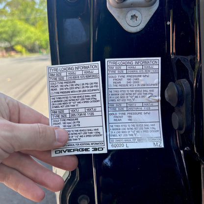 Tyre Pressure Info Sticker for Toyota LandCruiser Prado 90 Series (1996-2002)