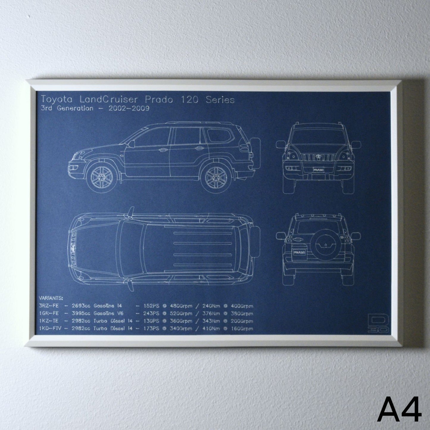 Framed Blueprint Drawing - Toyota LandCruiser Prado Models